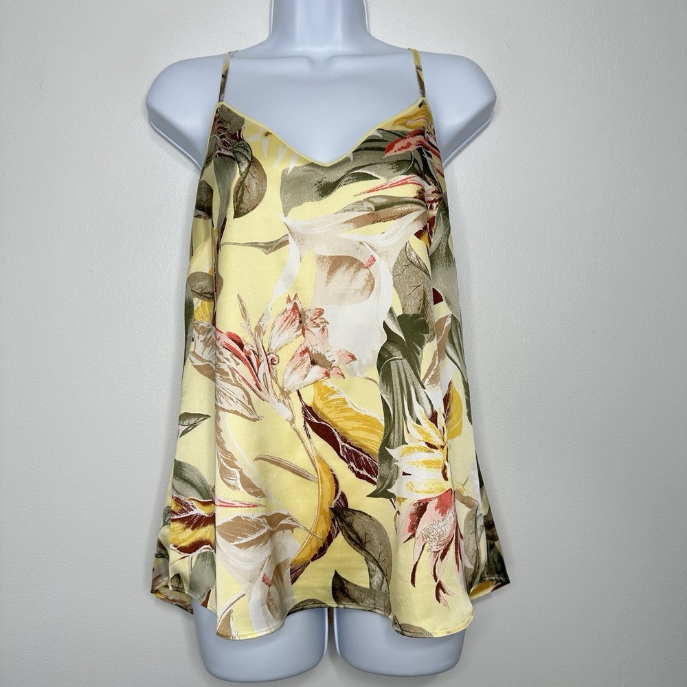 Lace Back Cami Tank‎ Top Small Yellow Floral Satin Cottagecore